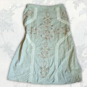 Blue Sky Sage Green Whimsical Embroidered A-Line Skirt